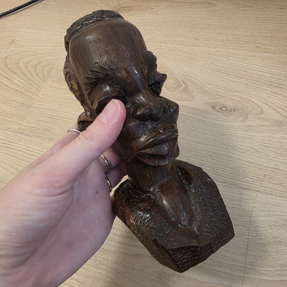 Vintage African Brown Wooden Man & Woman Tribal Folk Art Head Bust Sculptures - Picture 2 of 6